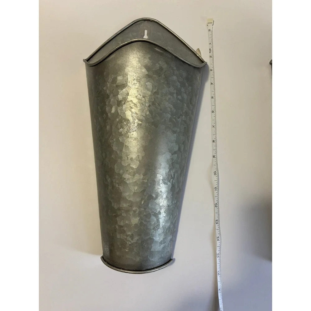 Set of 2 Galvanized Metal Wall Pockets Farmhouse Tapered Hanging Planter 15 Inch
